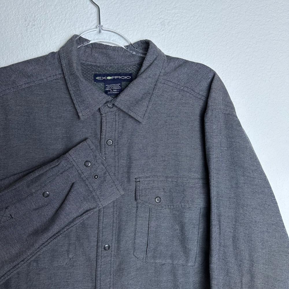 ExOfficio Men XL Gray Twill Flannel Long Sleeve Button Down Outdoor Hiking Shirt